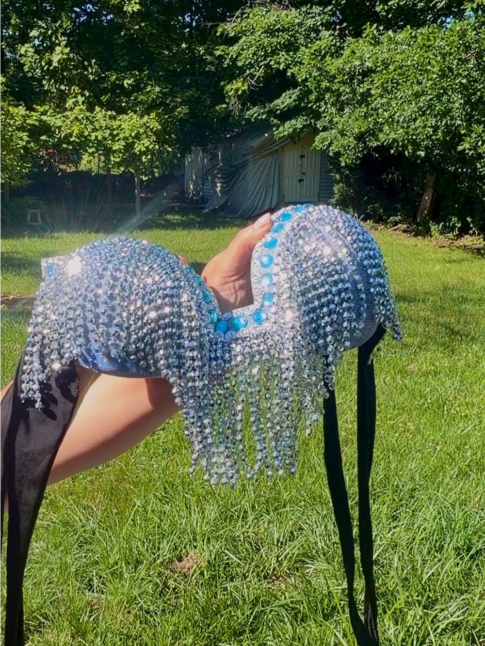 Embellished Rhinestone Fringe Belly dance Set in Black & Turquoise/ Silver - Picture 4 of 7